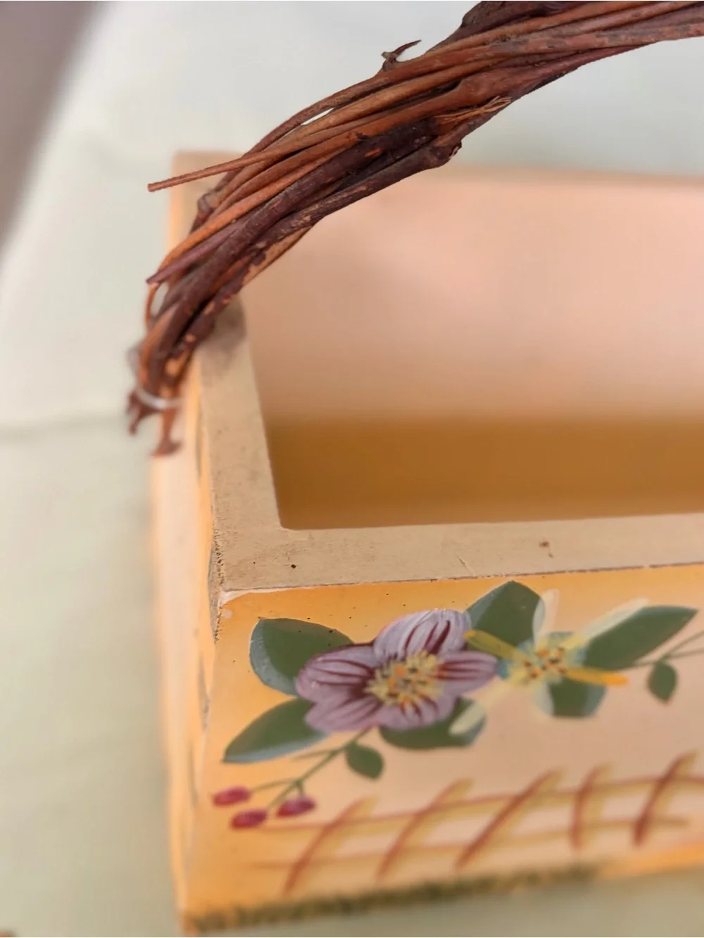 Vintage Hand-Painted Rooster Rectangular Storage Bin Basket Eith Woven Handle